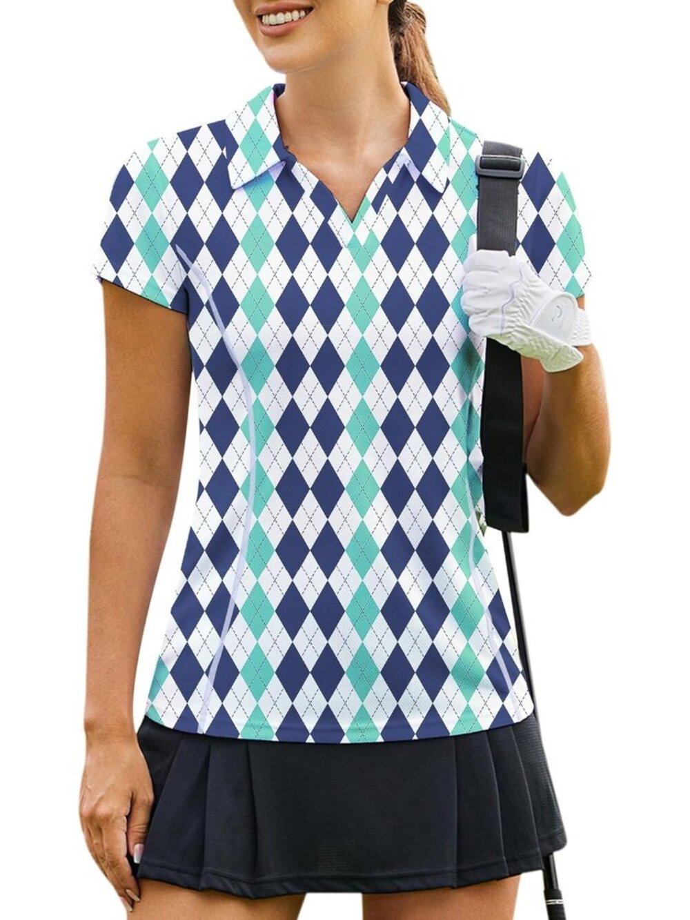 Womens Green Argyle Golf Shirt Short Sleeve Quick Dry V-Neck Tennis Tops Fit